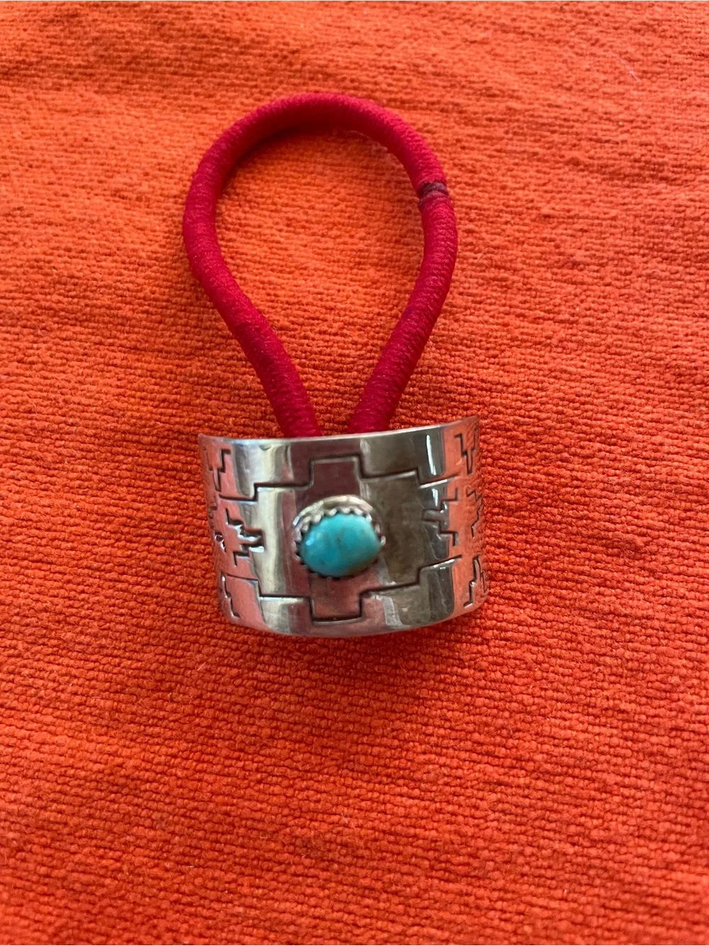 Silver Turquoise Hair Tie Ring with Red Band